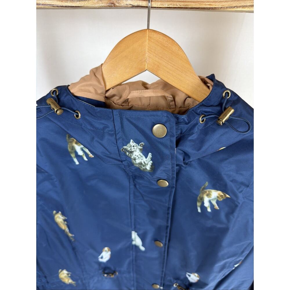 NWT Galleria Navy Cat Dog Print Long Sleeve Hooded Mid Length Raincoat Size S - Picture 4 of 6